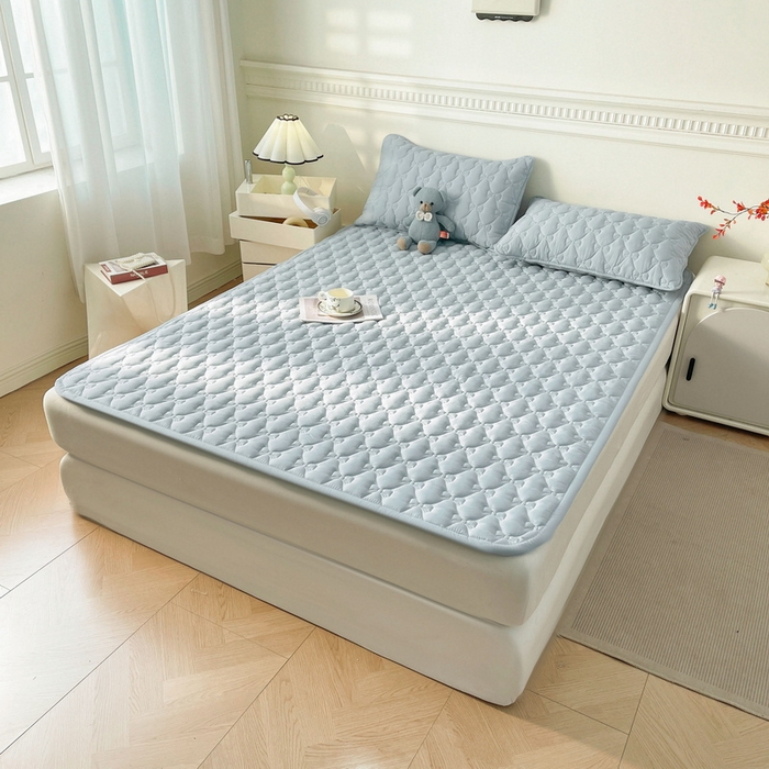 91家纺网 家纺一手货源 找家纺 LIFE.丽芙 2025新款水洗原棉单件蝴蝶结绗缝夹棉床褥垫子三件套 蝴蝶结床褥垫-海青