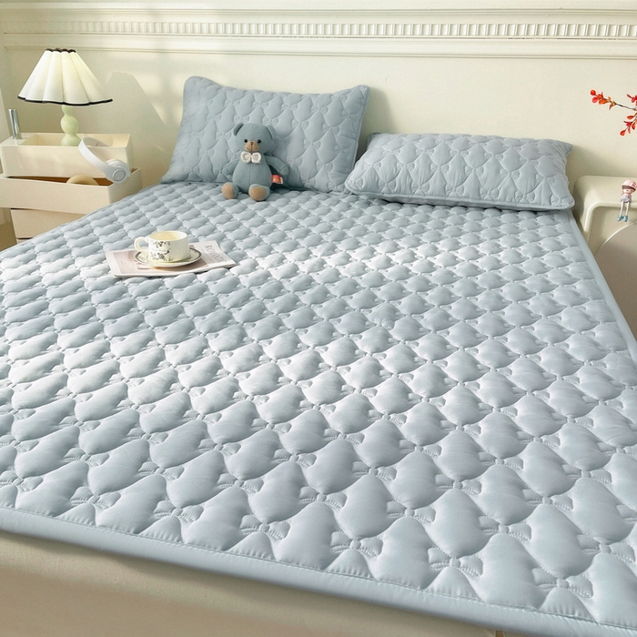 91家纺网 家纺一手货源 找家纺 LIFE.丽芙 2025新款水洗原棉单件蝴蝶结绗缝夹棉床褥垫子三件套 蝴蝶结床褥垫-海青