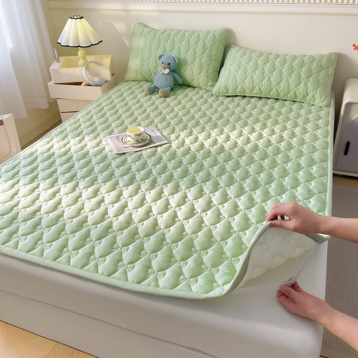 91家纺网 家纺一手货源 找家纺 LIFE.丽芙 2025新款水洗原棉单件蝴蝶结绗缝夹棉床褥垫子三件套 蝴蝶结床褥垫-松石绿