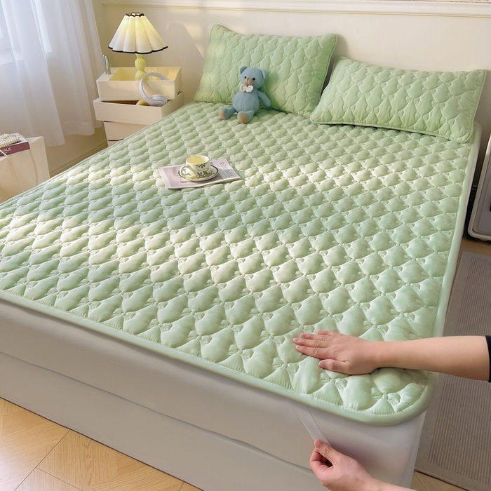 91家纺网 家纺一手货源 找家纺 LIFE.丽芙 2025新款水洗原棉单件蝴蝶结绗缝夹棉床褥垫子三件套 蝴蝶结床褥垫-松石绿