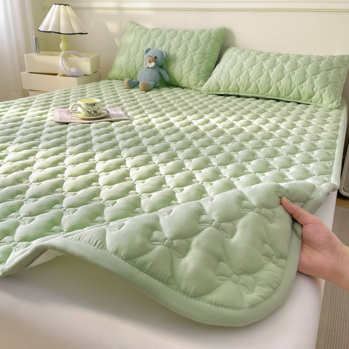 91家纺网 家纺一手货源 找家纺 LIFE.丽芙 2025新款水洗原棉单件蝴蝶结绗缝夹棉床褥垫子三件套 蝴蝶结床褥垫-松石绿