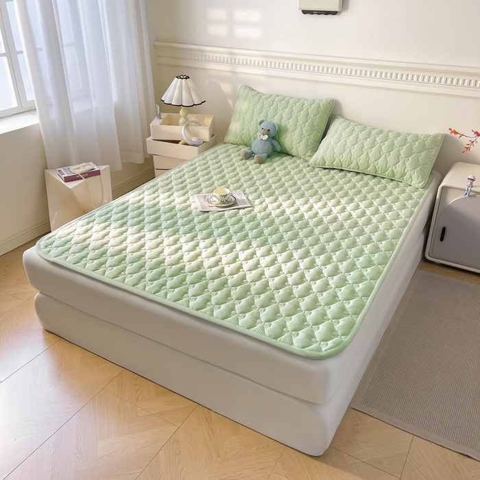 91家纺网 家纺一手货源 找家纺 LIFE.丽芙 2025新款水洗原棉单件蝴蝶结绗缝夹棉床褥垫子三件套 蝴蝶结床褥垫-松石绿