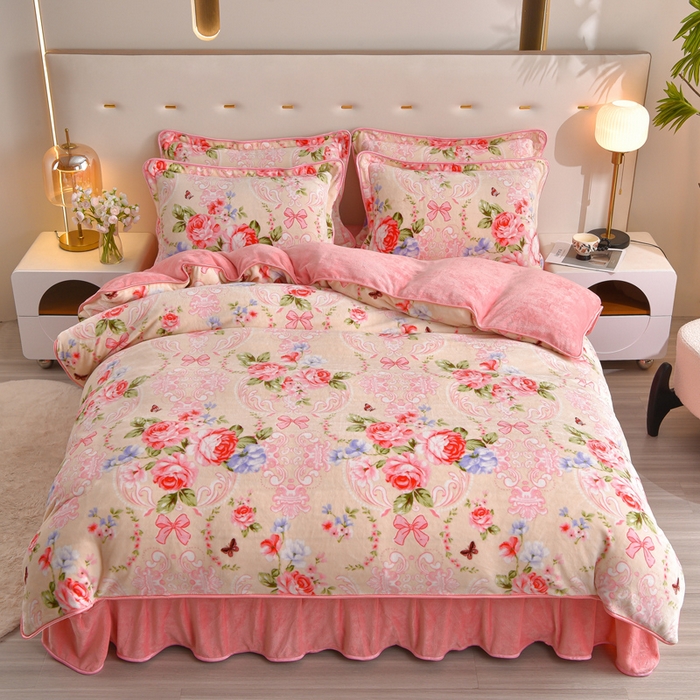 91家纺网 家纺一手货源 找家纺 （总）仟岸家纺 2025新款高克重床裙款印花牛奶绒四件套