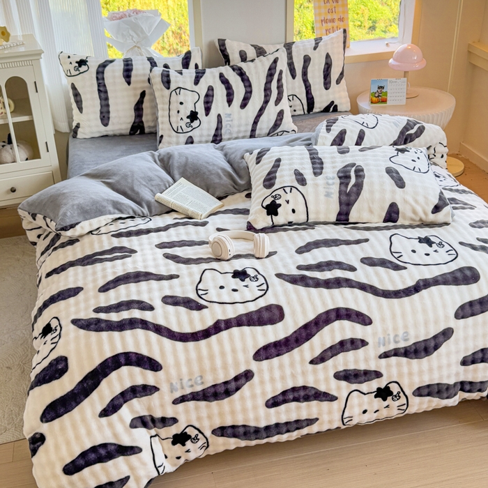 91家纺网 家纺一手货源 找家纺 仟岸家纺 2025新款泡泡绒印花四件套 奶猫