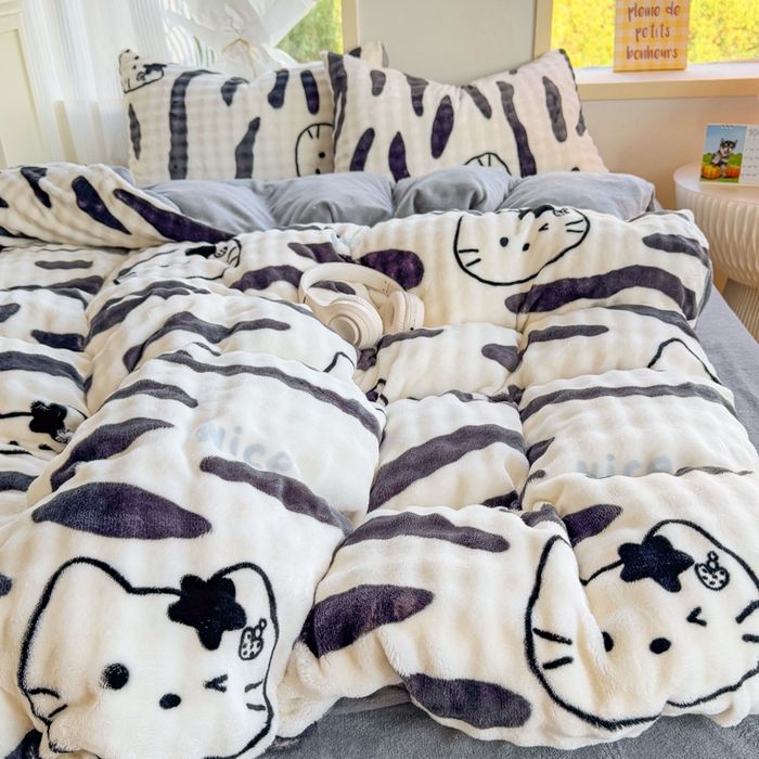 91家纺网 家纺一手货源 找家纺 仟岸家纺 2025新款泡泡绒印花四件套 奶猫