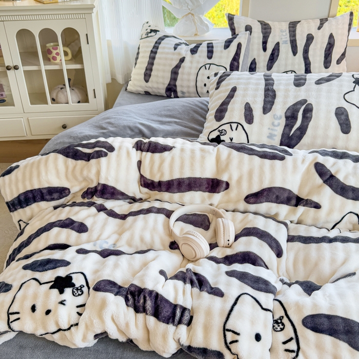 91家纺网 家纺一手货源 找家纺 仟岸家纺 2025新款泡泡绒印花四件套 奶猫