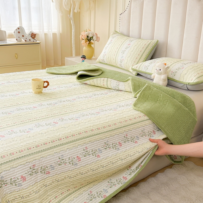 LIFE.丽芙 2025新款A类四季可用A版全棉数码印花B版牛奶绒单件夹棉炕盖床盖三件套 床盖-曼琳-绿