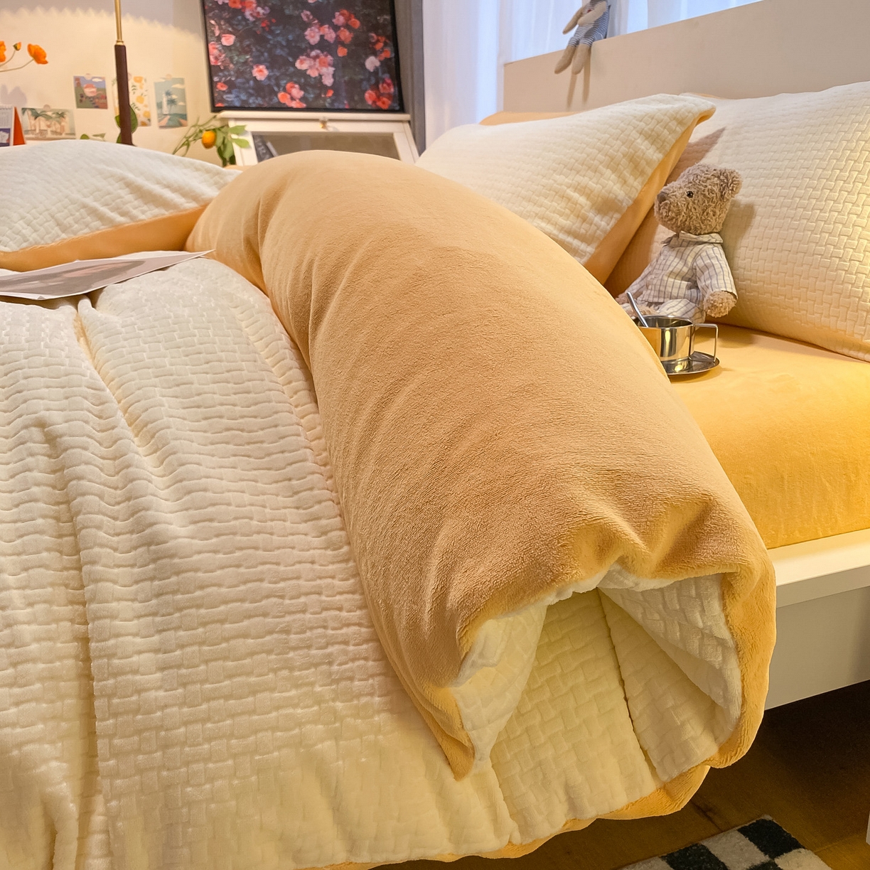 91家纺网 家纺一手货源 找家纺 如一 2025年3D立体雕花牛奶绒四件套 华夫格白