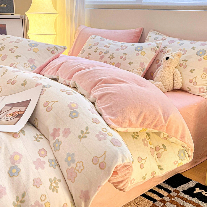 如一 2025年3D立体雕花牛奶绒四件套 缤纷-粉