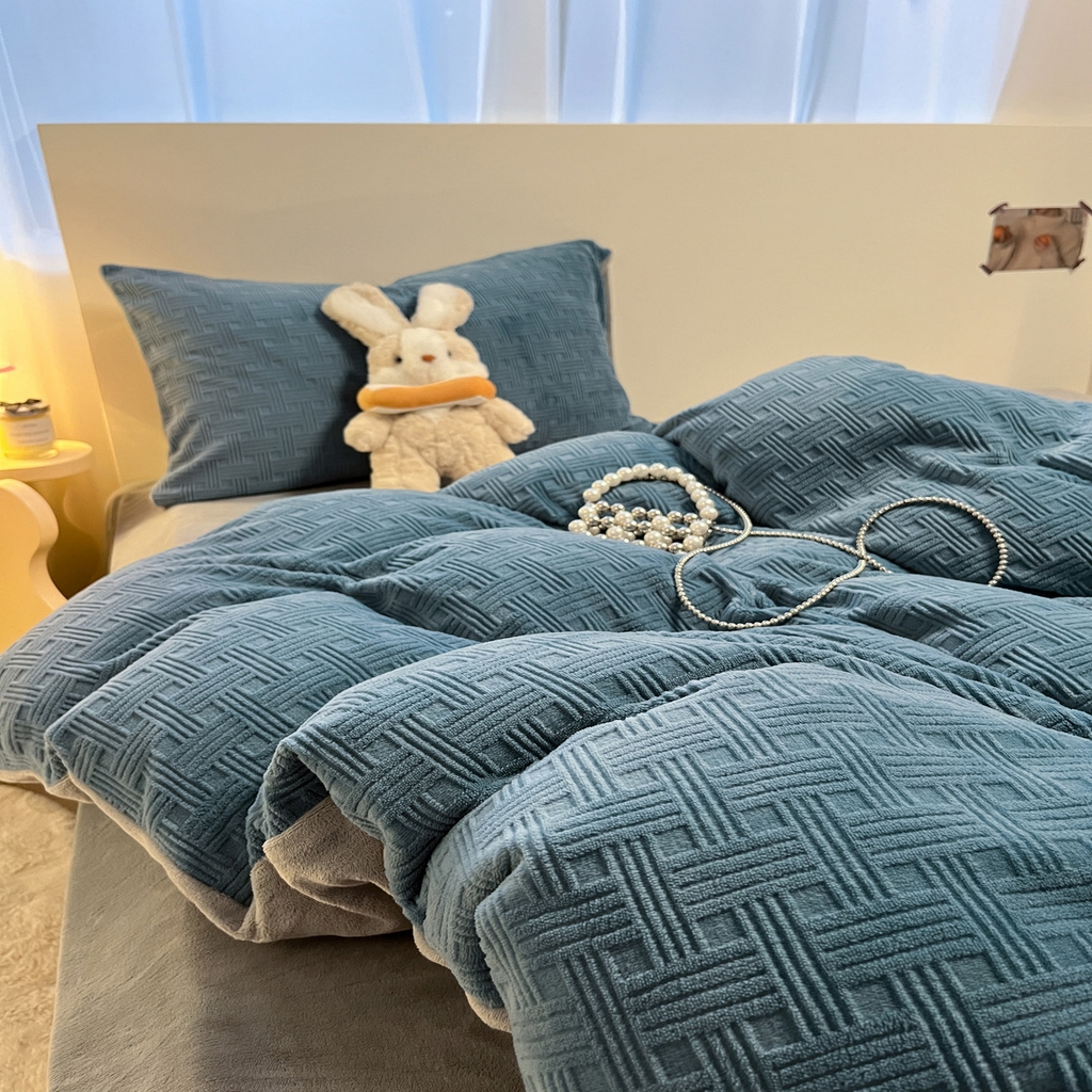 91家纺网 家纺一手货源 找家纺 如一 2025年3D立体雕花牛奶绒四件套 编织纹-蓝灰