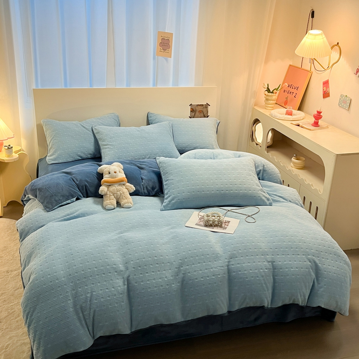 91家纺网 家纺一手货源 找家纺 如一 2025新款3D雕花牛奶绒单被套被套单件单品被套 编织纹-天蓝