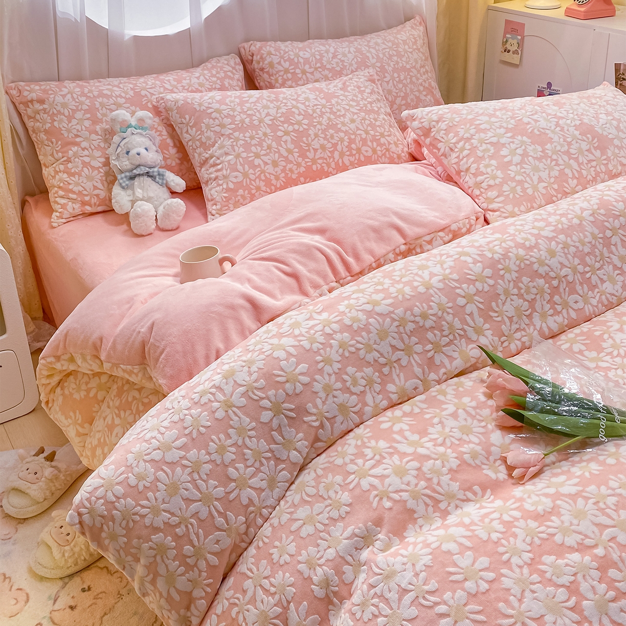 91家纺网 家纺一手货源 找家纺 如一 2025新款3D雕花牛奶绒单被套被套单件单品被套 花漾-粉