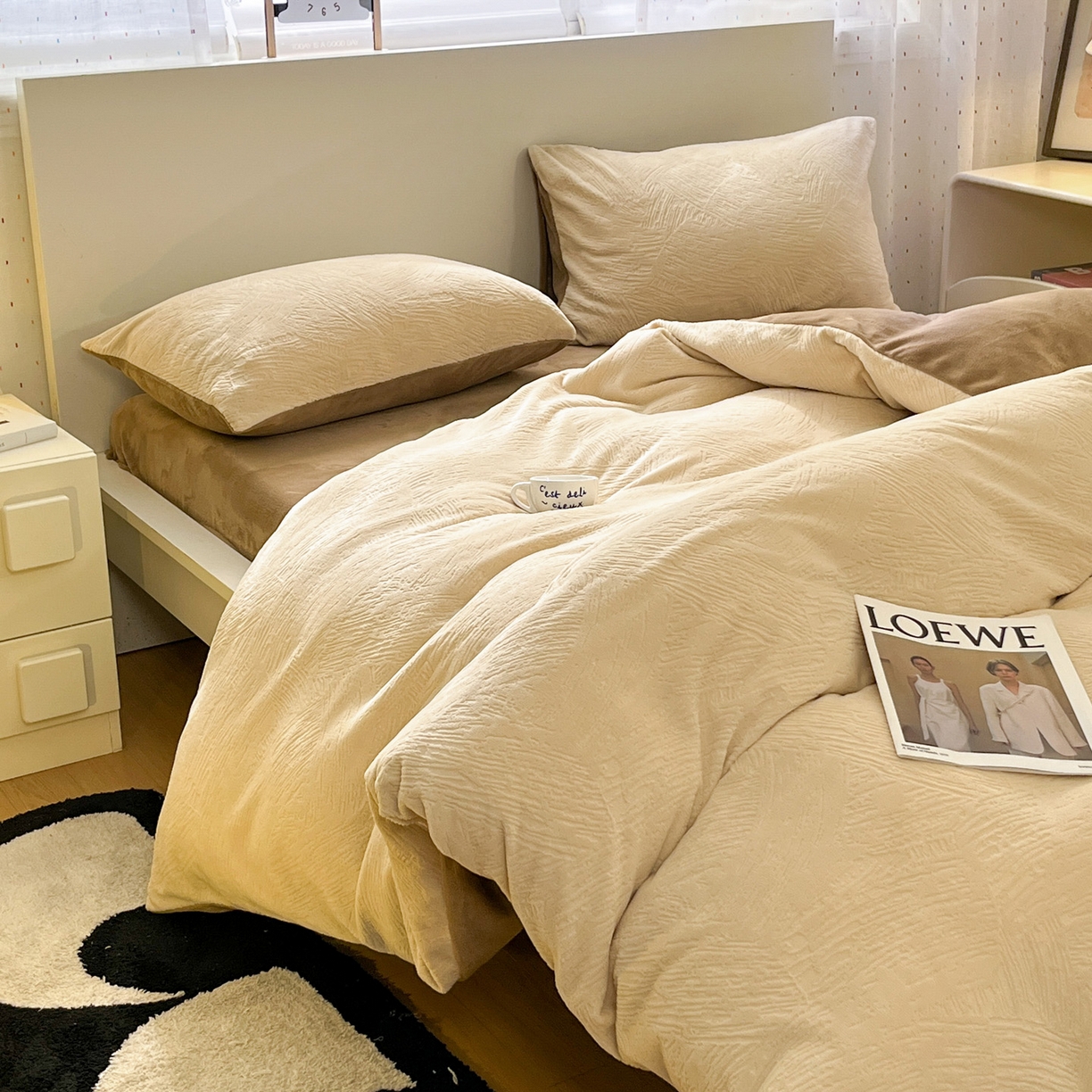 91家纺网 家纺一手货源 找家纺 如一 2025新款3D雕花牛奶绒单被套被套单件单品被套 肌理纹-杏