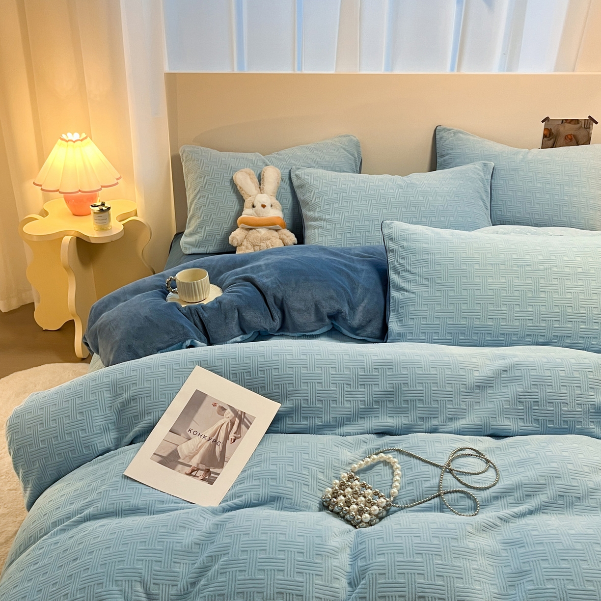 91家纺网 家纺一手货源 找家纺 如一 2025新款3D雕花牛奶绒单被套被套单件单品被套 编织纹-天蓝