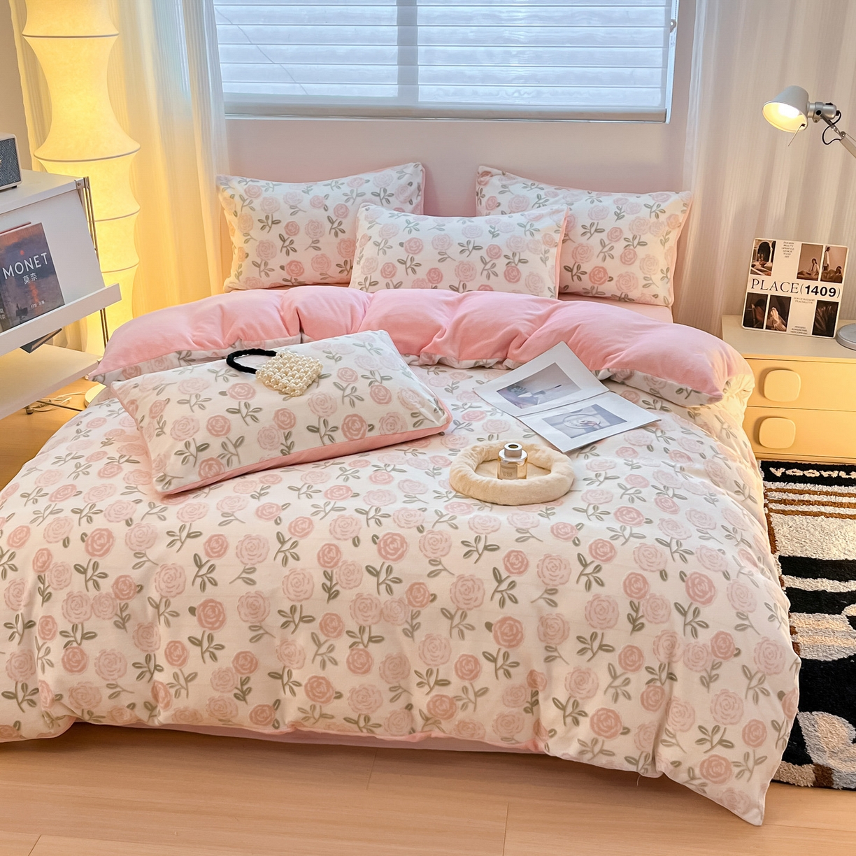 91家纺网 家纺一手货源 找家纺 如一 2025新款3D雕花牛奶绒单被套被套单件单品被套 繁花-粉