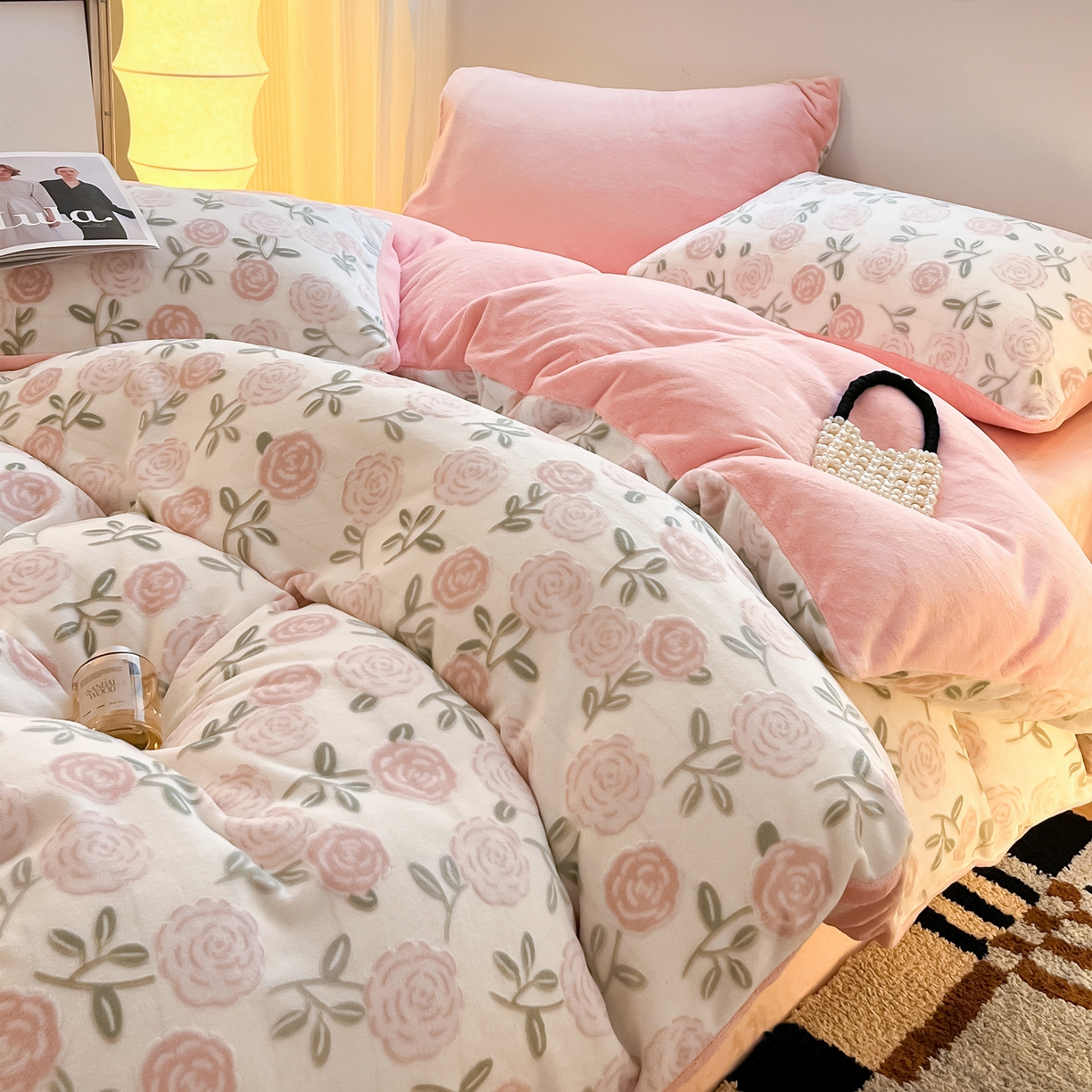 91家纺网 家纺一手货源 找家纺 如一 2025新款3D雕花牛奶绒单被套被套单件单品被套 繁花-粉