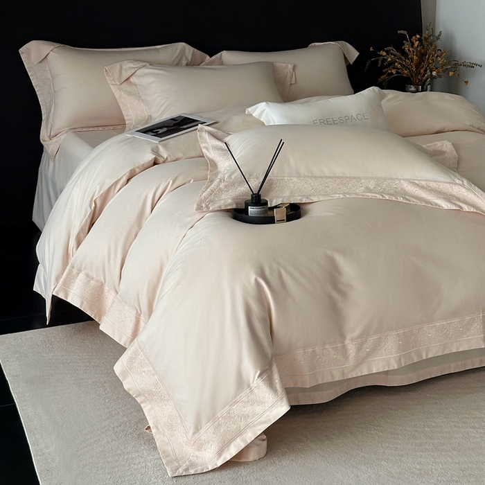 91家纺网 家纺一手货源 找家纺 时亿家居 2025新款镂空花边长绒棉纯棉磨毛四件套-海瑟薇 海瑟薇-米驼色