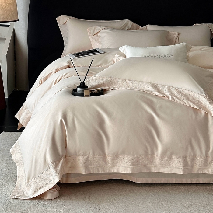 91家纺网 家纺一手货源 找家纺 时亿家居 2025新款镂空花边长绒棉纯棉磨毛四件套-海瑟薇 海瑟薇-米驼色