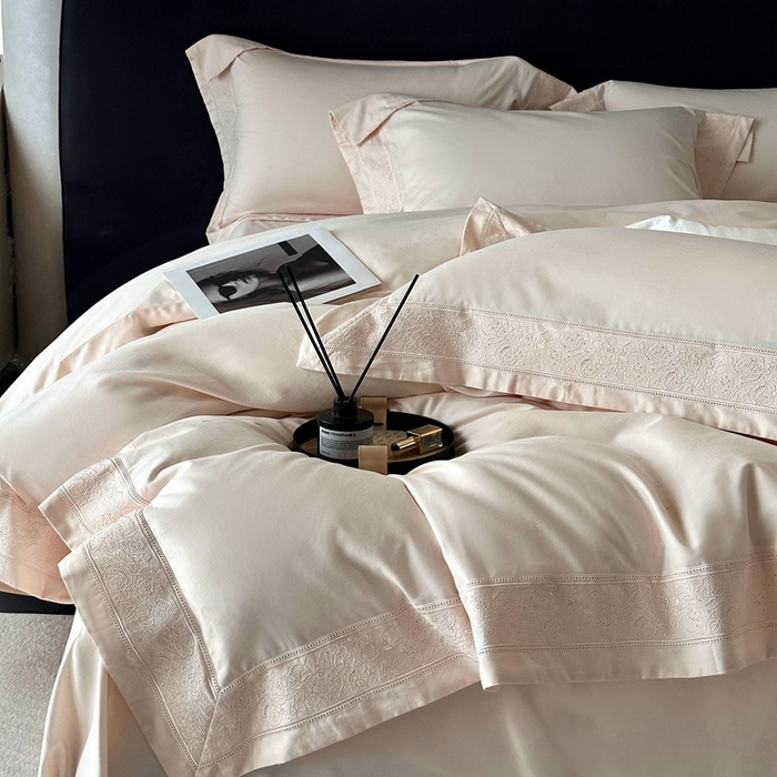 91家纺网 家纺一手货源 找家纺 时亿家居 2025新款镂空花边长绒棉纯棉磨毛四件套-海瑟薇 海瑟薇-米驼色