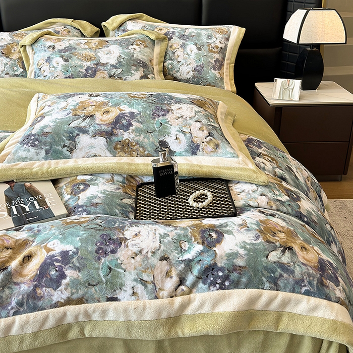 91家纺网 家纺一手货源 找家纺 罗艺轩 2025新款高克重牛奶绒数码印花双拼角四件套 温斯顿