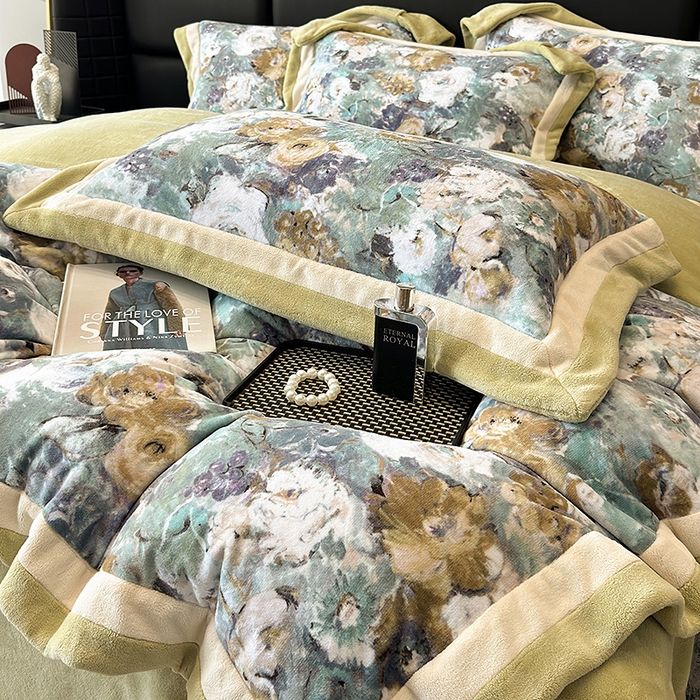 91家纺网 家纺一手货源 找家纺 罗艺轩 2025新款高克重牛奶绒数码印花双拼角四件套 温斯顿