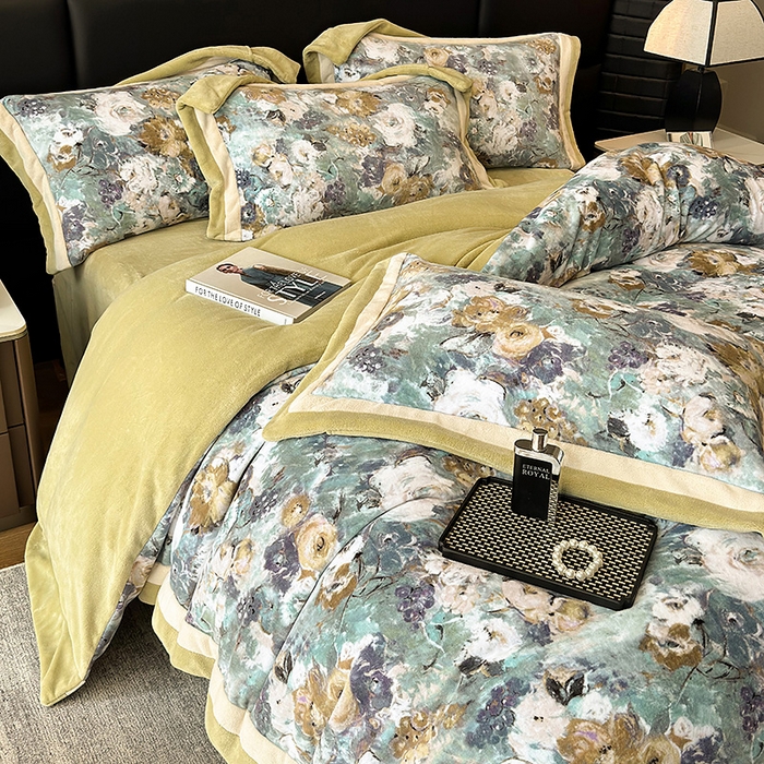 91家纺网 家纺一手货源 找家纺 罗艺轩 2025新款高克重牛奶绒数码印花双拼角四件套 温斯顿