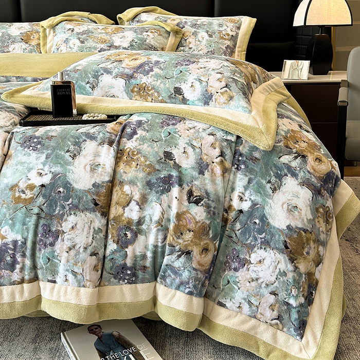 91家纺网 家纺一手货源 找家纺 罗艺轩 2025新款高克重牛奶绒数码印花双拼角四件套 温斯顿