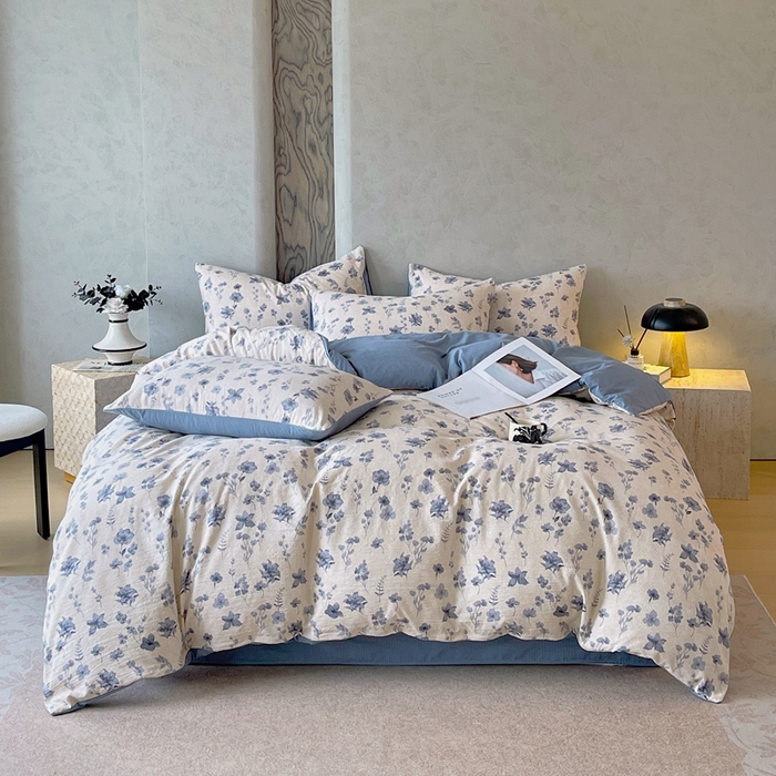 91家纺网 家纺一手货源 找家纺 宝士康家纺 2025秋冬新品高克重A类原麻暗合四件套复古加厚双层纱仿亚麻套件 蓝絮