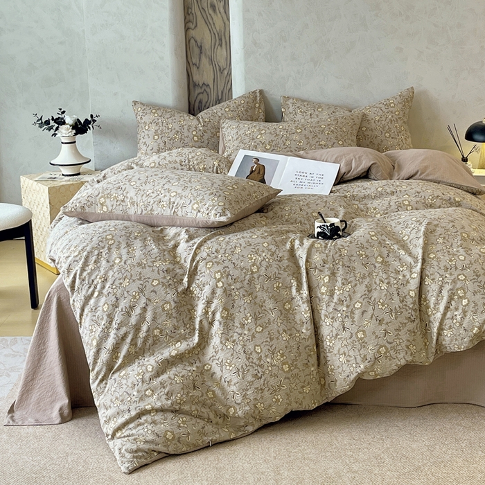 91家纺网 家纺一手货源 找家纺 宝士康家纺 2025秋冬新品高克重A类原麻暗合四件套复古加厚双层纱仿亚麻套件 丛影