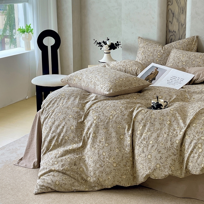 91家纺网 家纺一手货源 找家纺 宝士康家纺 2025秋冬新品高克重A类原麻暗合四件套复古加厚双层纱仿亚麻套件 丛影