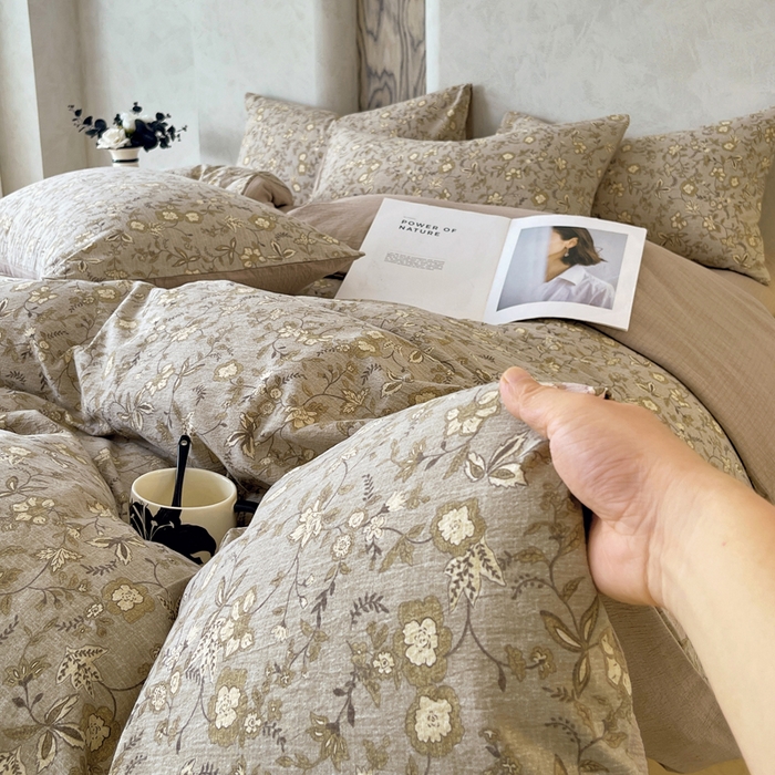 91家纺网 家纺一手货源 找家纺 宝士康家纺 2025秋冬新品高克重A类原麻暗合四件套复古加厚双层纱仿亚麻套件 丛影