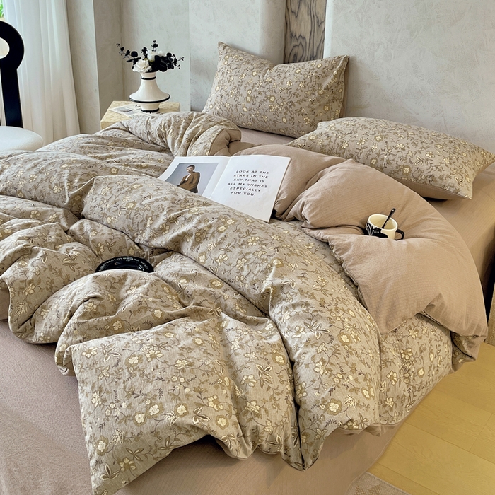 91家纺网 家纺一手货源 找家纺 宝士康家纺 2025秋冬新品高克重A类原麻暗合四件套复古加厚双层纱仿亚麻套件 丛影