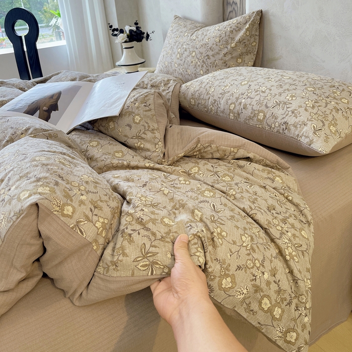 91家纺网 家纺一手货源 找家纺 宝士康家纺 2025秋冬新品高克重A类原麻暗合四件套复古加厚双层纱仿亚麻套件 丛影