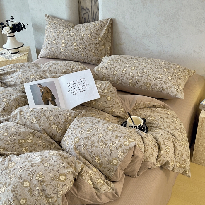 91家纺网 家纺一手货源 找家纺 宝士康家纺 2025秋冬新品高克重A类原麻暗合四件套复古加厚双层纱仿亚麻套件 丛影