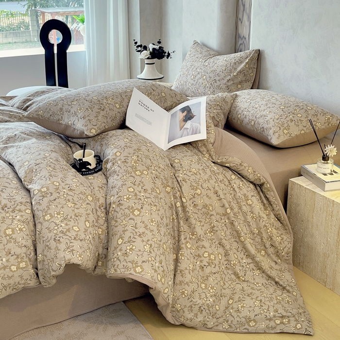 91家纺网 家纺一手货源 找家纺 宝士康家纺 2025秋冬新品高克重A类原麻暗合四件套复古加厚双层纱仿亚麻套件 丛影