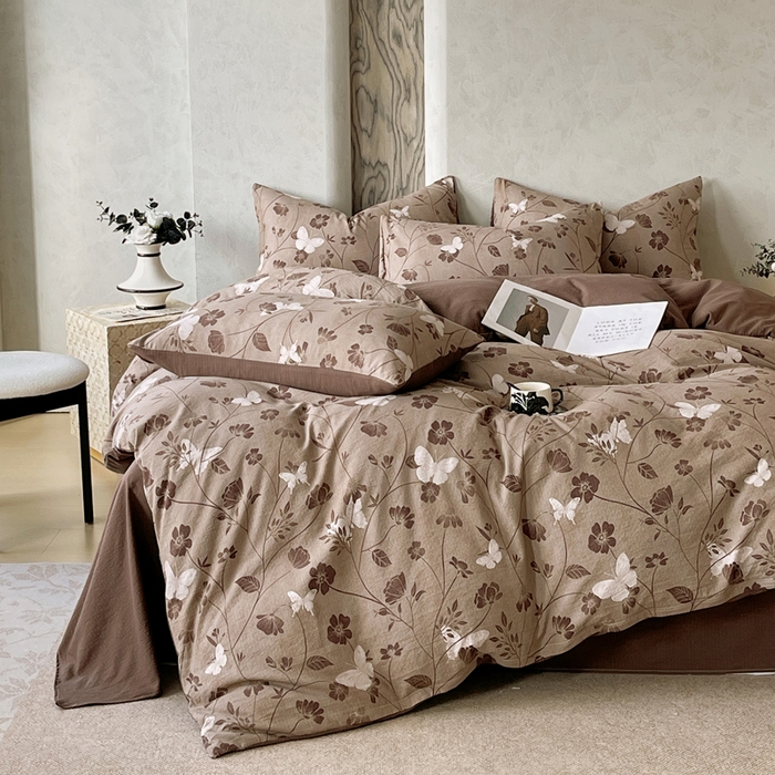 91家纺网 家纺一手货源 找家纺 宝士康家纺 2025秋冬新品高克重A类原麻暗合四件套复古加厚双层纱仿亚麻套件 蝶语