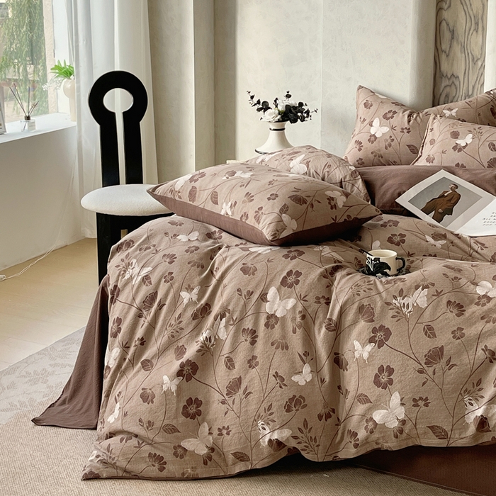 91家纺网 家纺一手货源 找家纺 宝士康家纺 2025秋冬新品高克重A类原麻暗合四件套复古加厚双层纱仿亚麻套件 蝶语