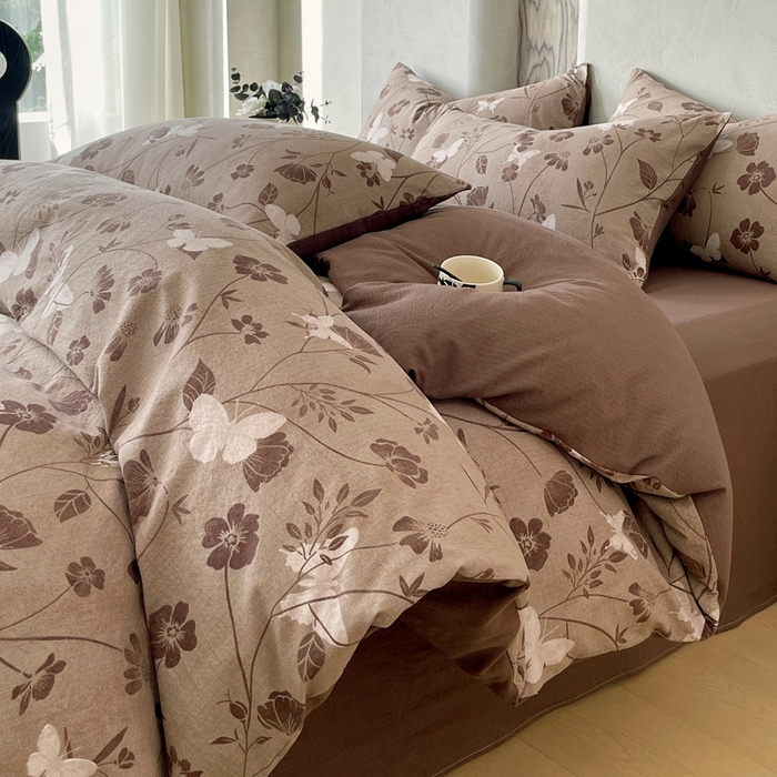 91家纺网 家纺一手货源 找家纺 宝士康家纺 2025秋冬新品高克重A类原麻暗合四件套复古加厚双层纱仿亚麻套件 蝶语