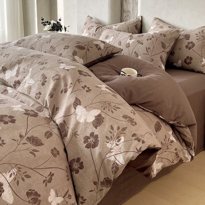 91家纺网 家纺一手货源 找家纺 宝士康家纺 2025秋冬新品高克重A类原麻暗合四件套复古加厚双层纱仿亚麻套件 蝶语