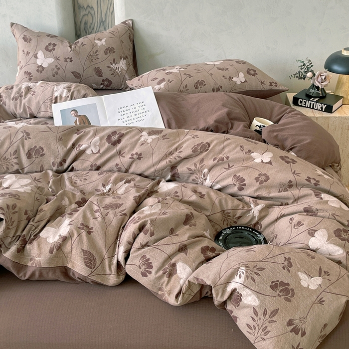 91家纺网 家纺一手货源 找家纺 宝士康家纺 2025秋冬新品高克重A类原麻暗合四件套复古加厚双层纱仿亚麻套件 蝶语