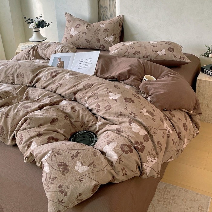 91家纺网 家纺一手货源 找家纺 宝士康家纺 2025秋冬新品高克重A类原麻暗合四件套复古加厚双层纱仿亚麻套件 蝶语