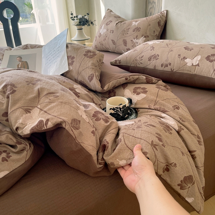 91家纺网 家纺一手货源 找家纺 宝士康家纺 2025秋冬新品高克重A类原麻暗合四件套复古加厚双层纱仿亚麻套件 蝶语