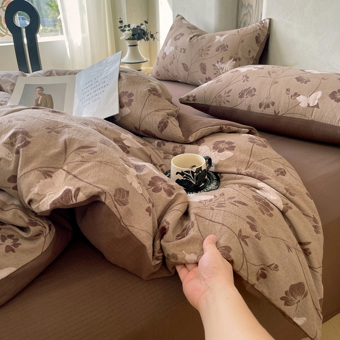 91家纺网 家纺一手货源 找家纺 宝士康家纺 2025秋冬新品高克重A类原麻暗合四件套复古加厚双层纱仿亚麻套件 蝶语