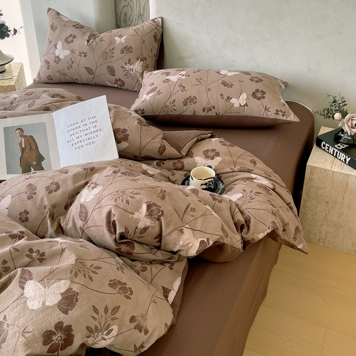 91家纺网 家纺一手货源 找家纺 宝士康家纺 2025秋冬新品高克重A类原麻暗合四件套复古加厚双层纱仿亚麻套件 蝶语