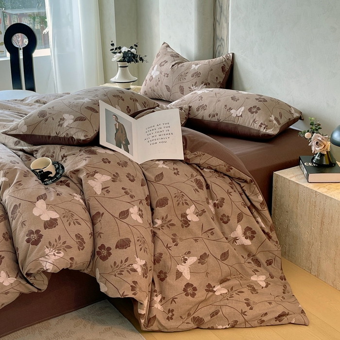 91家纺网 家纺一手货源 找家纺 宝士康家纺 2025秋冬新品高克重A类原麻暗合四件套复古加厚双层纱仿亚麻套件 蝶语