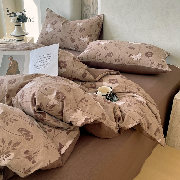 91家纺网 家纺一手货源 找家纺 宝士康家纺 2025秋冬新品高克重A类原麻暗合四件套复古加厚双层纱仿亚麻套件 蝶语