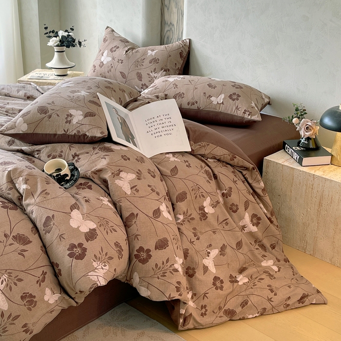 91家纺网 家纺一手货源 找家纺 宝士康家纺 2025秋冬新品高克重A类原麻暗合四件套复古加厚双层纱仿亚麻套件 蝶语