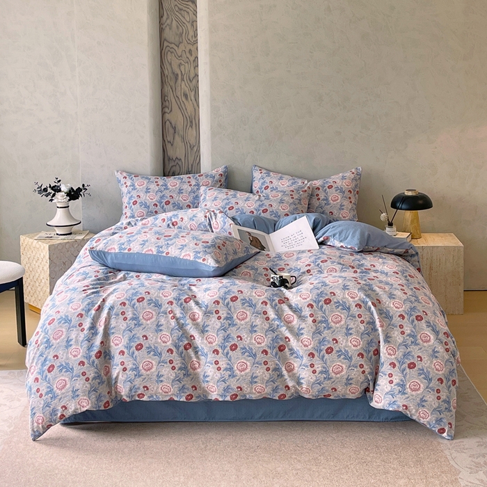 91家纺网 家纺一手货源 找家纺 宝士康家纺 2025秋冬新品高克重A类原麻暗合四件套复古加厚双层纱仿亚麻套件 花汀