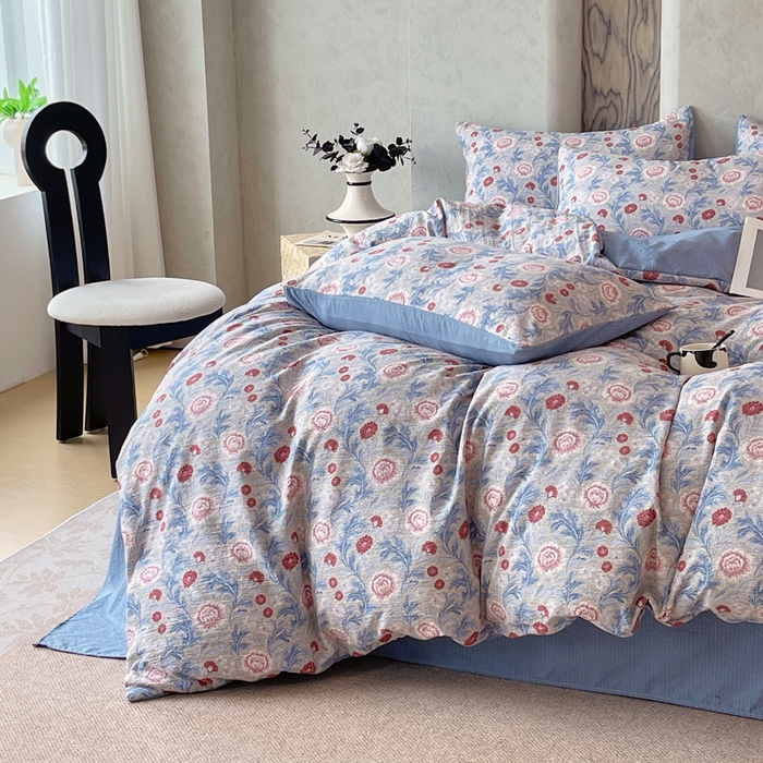 91家纺网 家纺一手货源 找家纺 宝士康家纺 2025秋冬新品高克重A类原麻暗合四件套复古加厚双层纱仿亚麻套件 花汀