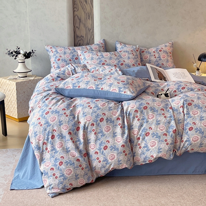 91家纺网 家纺一手货源 找家纺 宝士康家纺 2025秋冬新品高克重A类原麻暗合四件套复古加厚双层纱仿亚麻套件 花汀